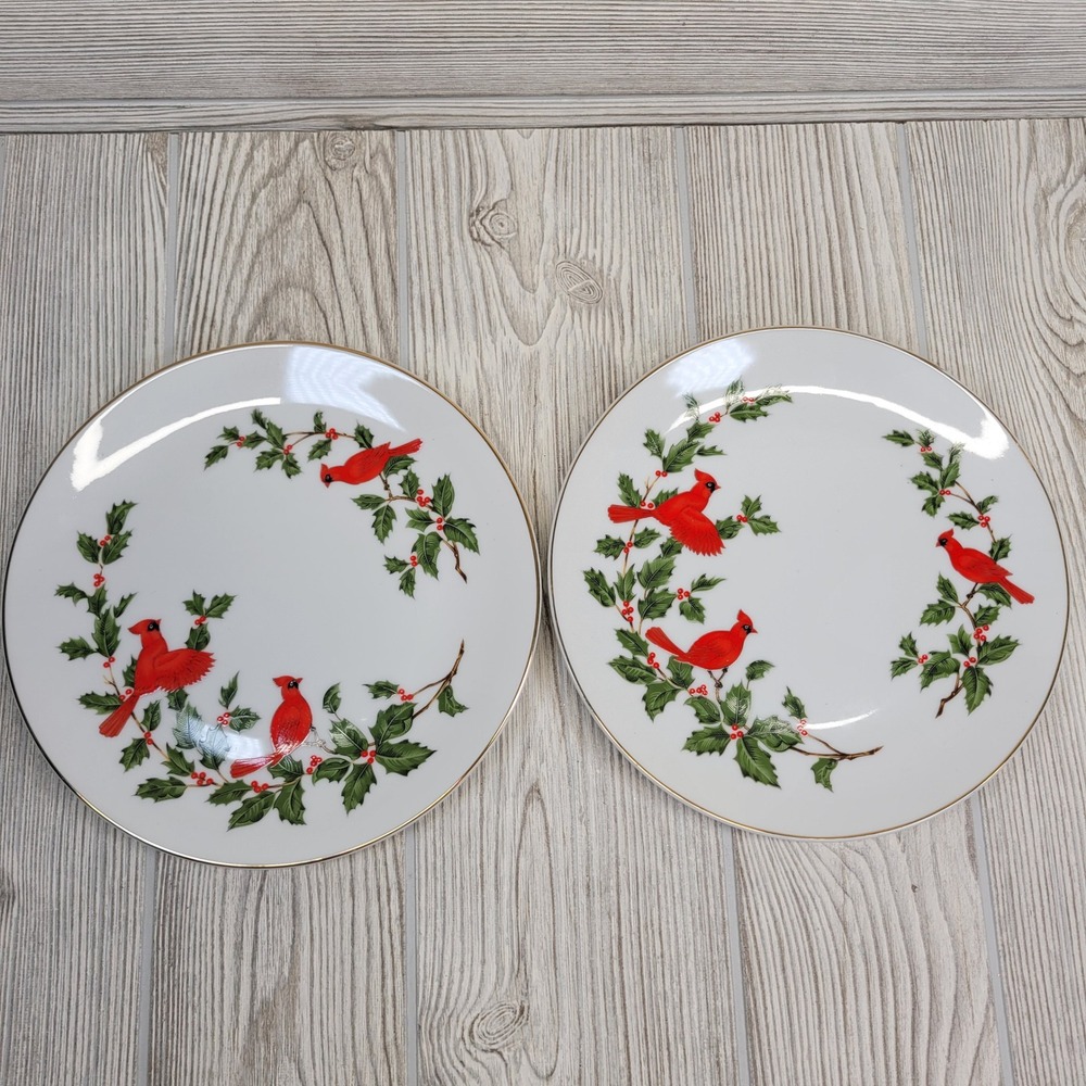 2 Lefton China Cardinal Holly Dessert Plate 1984 Christmas Decor‎ Bird 4533 Vtg